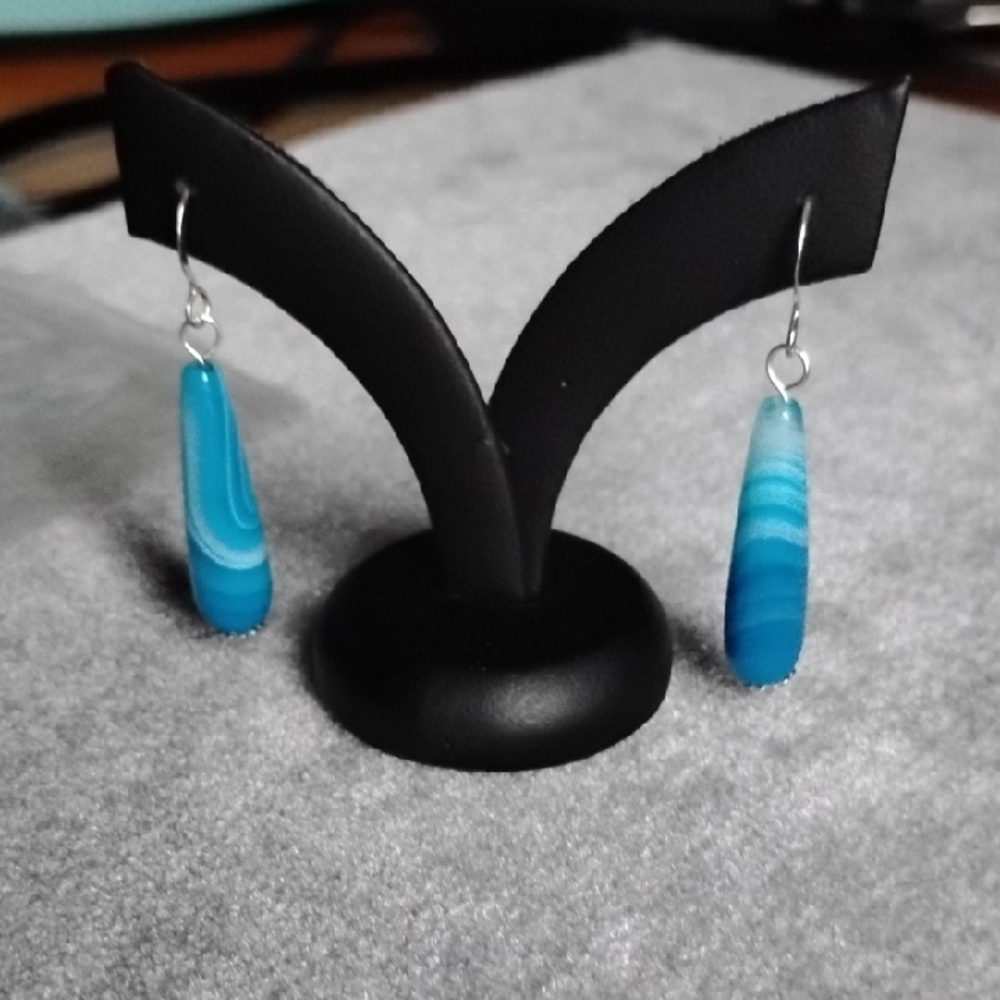 Hand Crafted Elegant Blue Agate Earrings With Sterling Silver